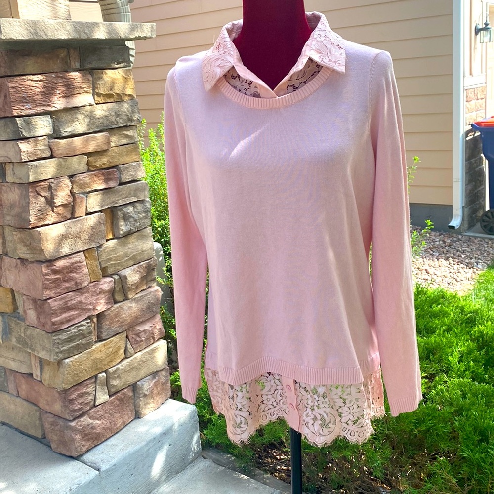 Adrianna Papell Pink Lace Trim Sweater